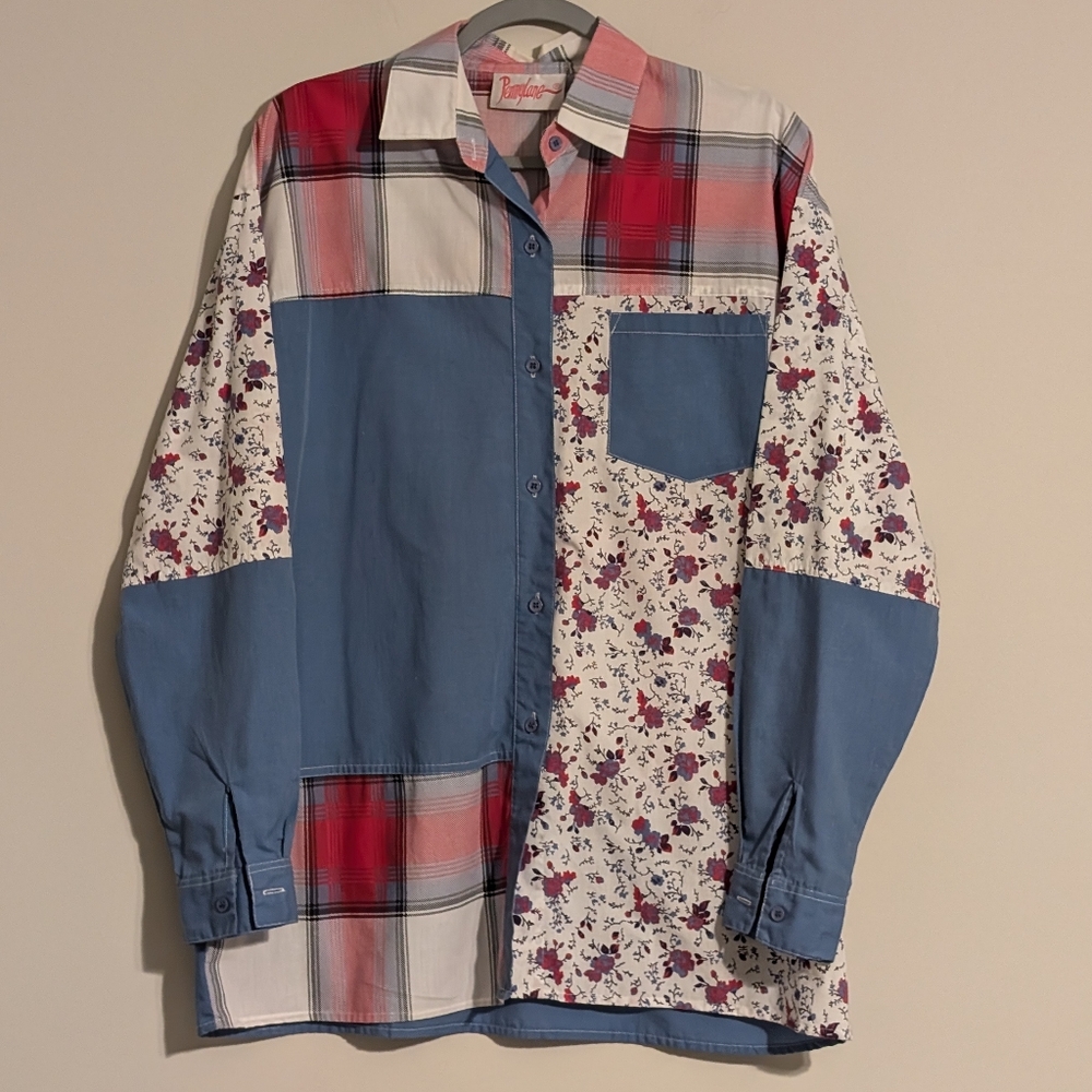 Pennylane Vintage Patchwork Floral Print Button Down Shirt Women's Size L